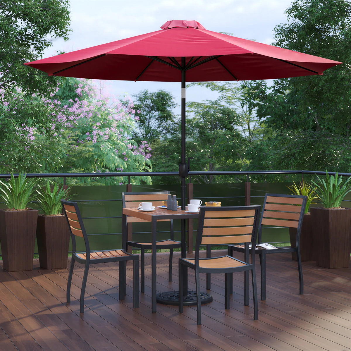 Square Patio Table & 4 Chairs — 35″, Red, With Umbrella