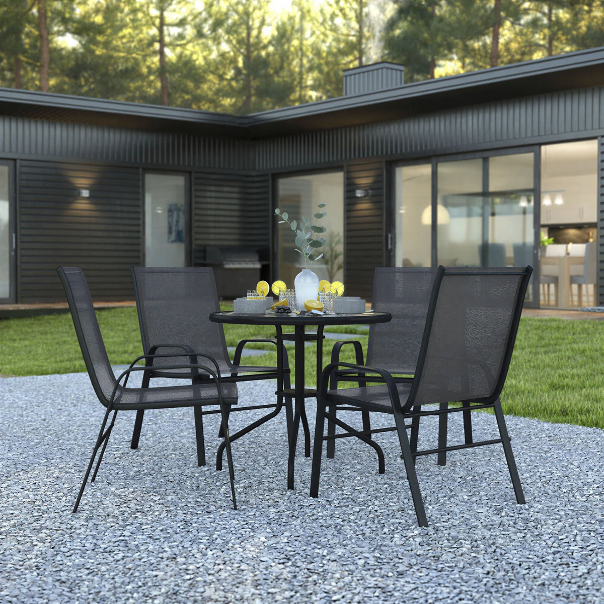 Round Patio Table & 4 Chairs — 31.5″, Black