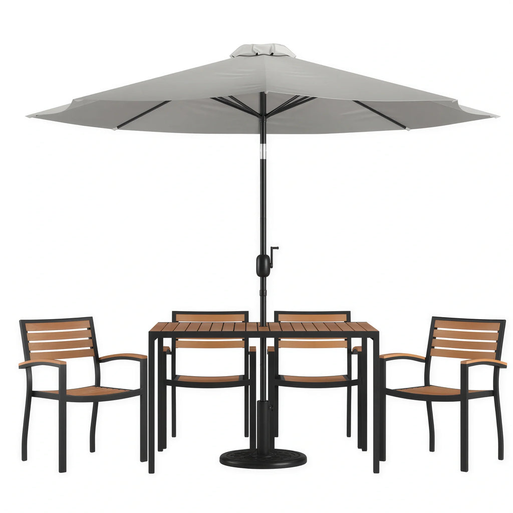 Rectangular Patio Table & 4 Chairs — Gray, With Umbrella (XU-DG-304860064-UB19BGY)