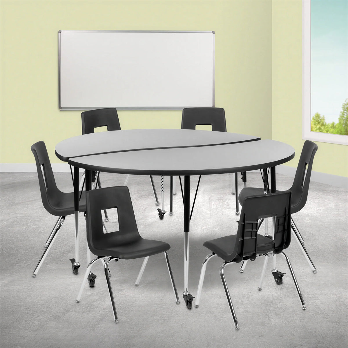 Round Activity Table & 6 Chairs — 60″, Gray/Black (XU-GRP-16CH-A60-HCIRC-GY-T-A-CAS)