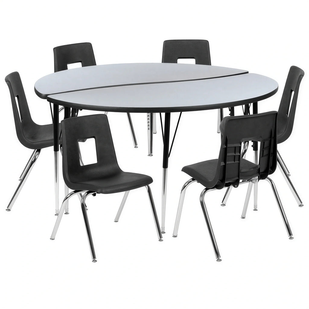Round Activity Table & 6 Chairs — 60″, Gray/Black (XU-GRP-16CH-A60-HCIRC-GY-T-A)