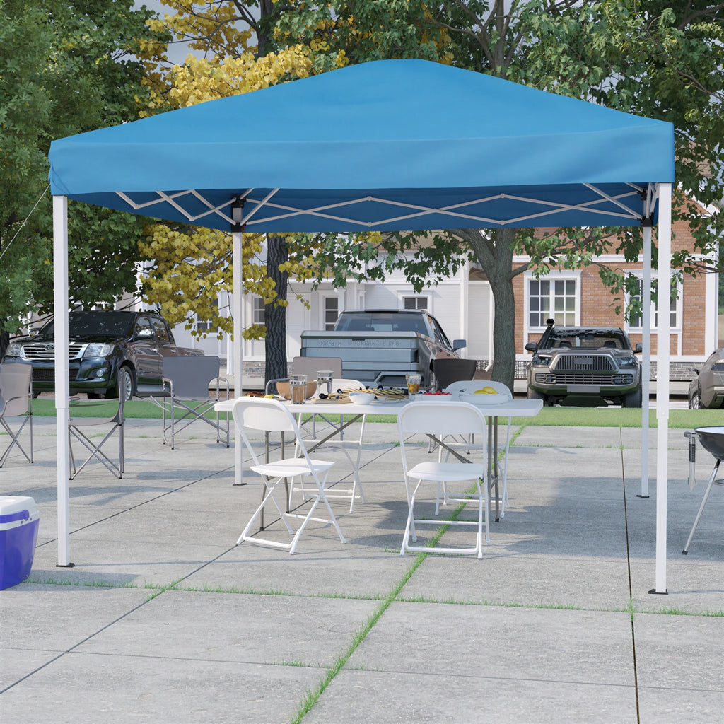 Pop-Up Canopy, Folding Table & 4 Chairs — 10' x 10', Blue (JJ-GZ10183Z-4LEL3-BLWH-GG)