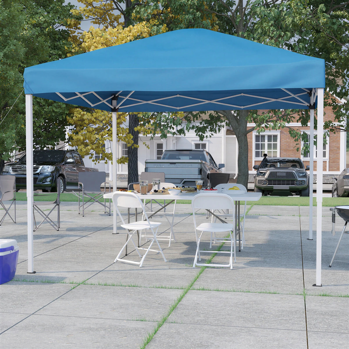 Pop-Up Canopy, Folding Table & 4 Chairs — 10' x 10', Blue (JJ-GZ10183Z-4LEL3-BLWH-GG)