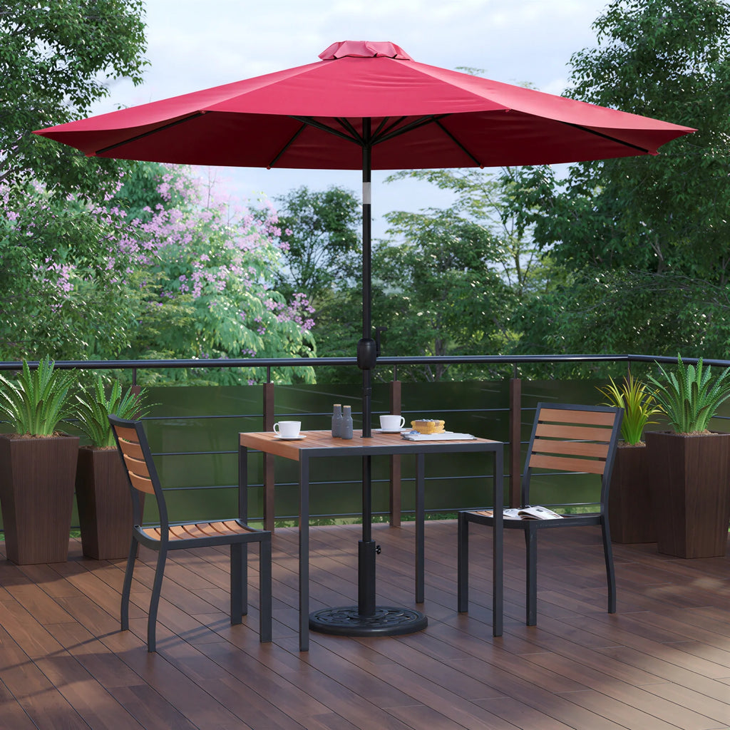 Square Patio Table & 2 Chairs — 35″, Red, With Umbrella (XU-DG-810060362-UB19BRD)