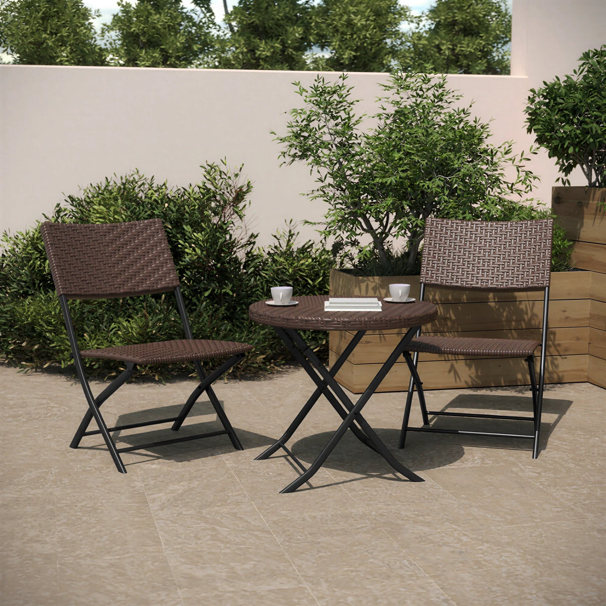 Round Folding Table & 2 Chairs — Brown/Black