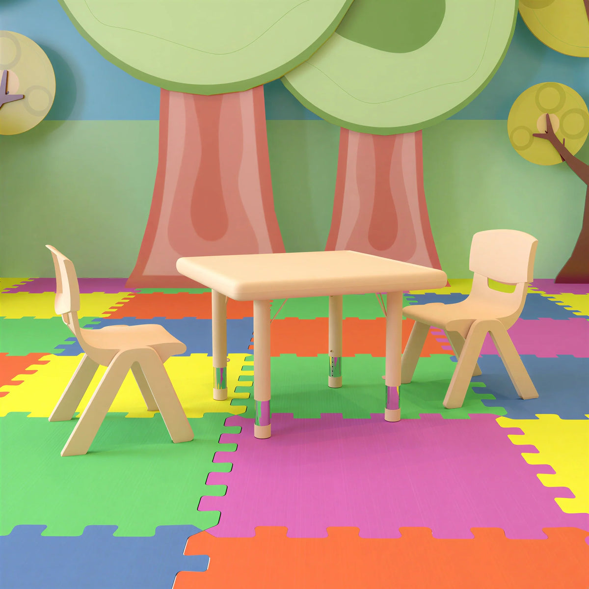 Square Activity Table & 2 Chairs — 24″ (YU-YCX-0023-2-SQR-TBL-NAT-R)