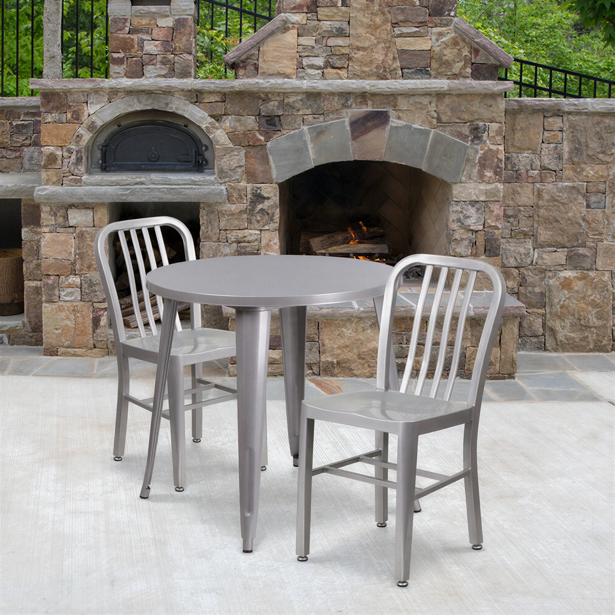 Round Dining Table & 2 Chairs — 30″, Silver (CH-51090TH-2-18VRT-SIL)