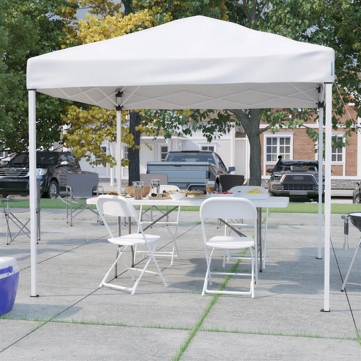 Pop-Up Canopy, Folding Table & 4 Chairs — 8' x 8'