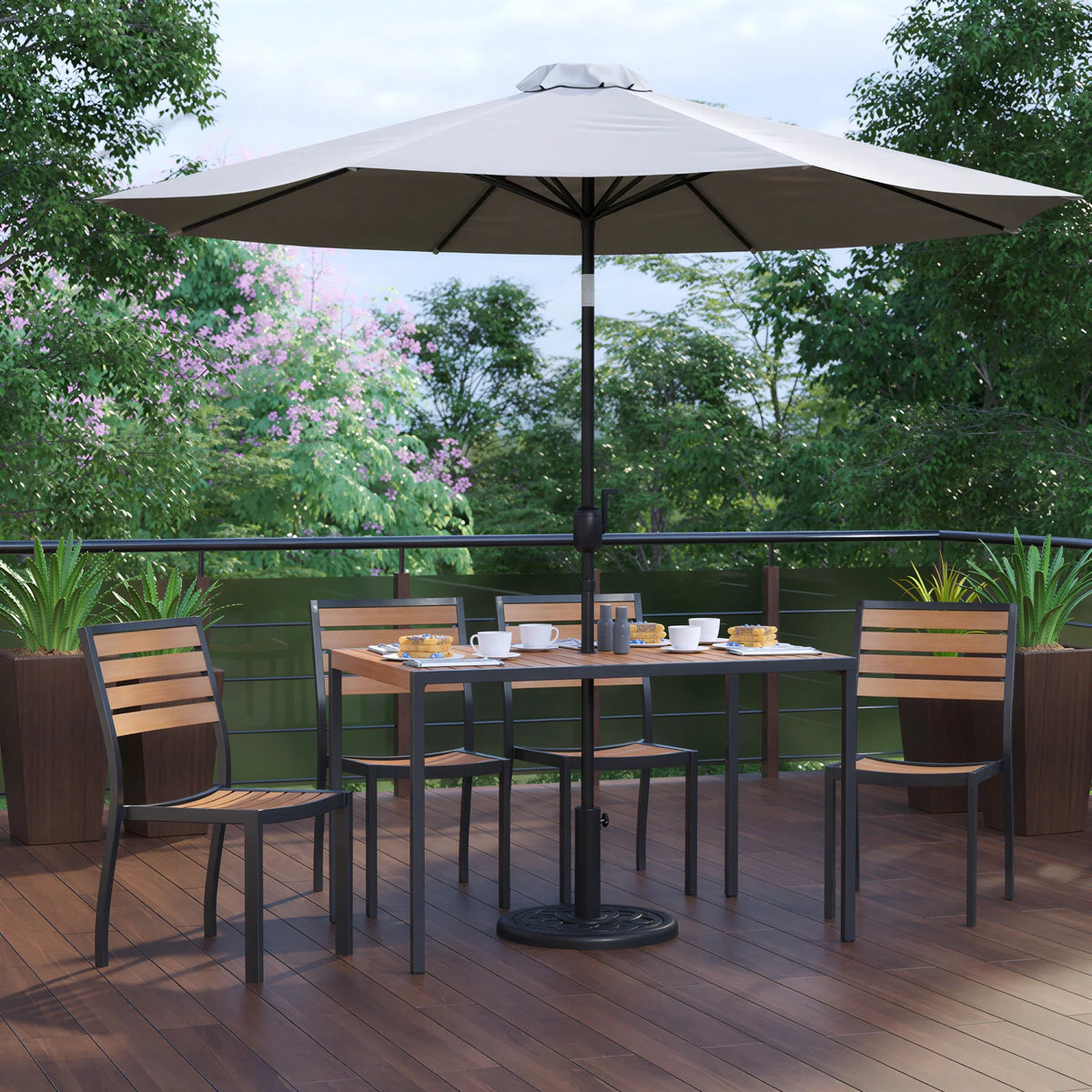 Rectangular Patio Table & 4 Chairs — Gray, With Umbrella (XU-DG-304860364-UB19BGY)