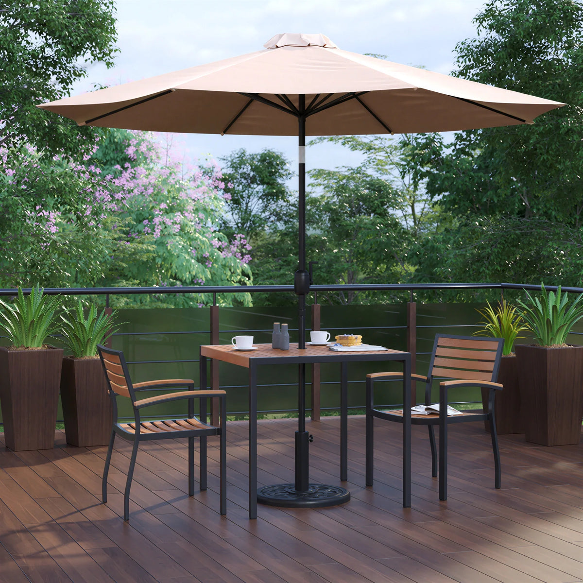 Square Patio Table & 2 Chairs — 35″, With Umbrella (XU-DG-810060062-UB19BTN)