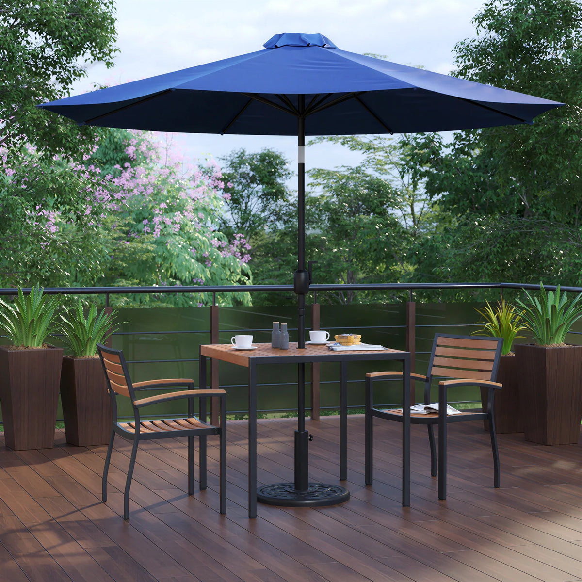 Square Patio Table & 2 Chairs — 35″, With Umbrella (XU-DG-810060062-UB19BNV)