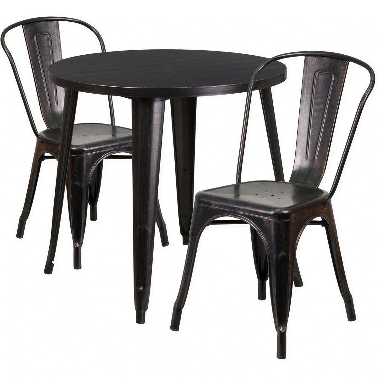 Round Dining Table & 2 Chairs — 30″, Black/Antique Gold (CH-51090TH-2-18CAFE-BQ)