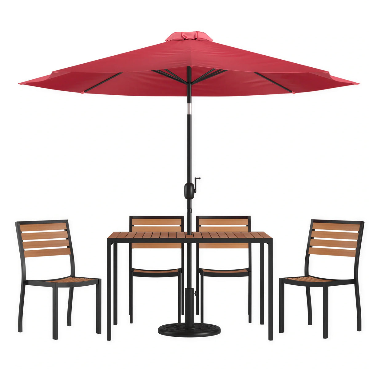 Rectangular Patio Table & 4 Chairs — Red, With Umbrella