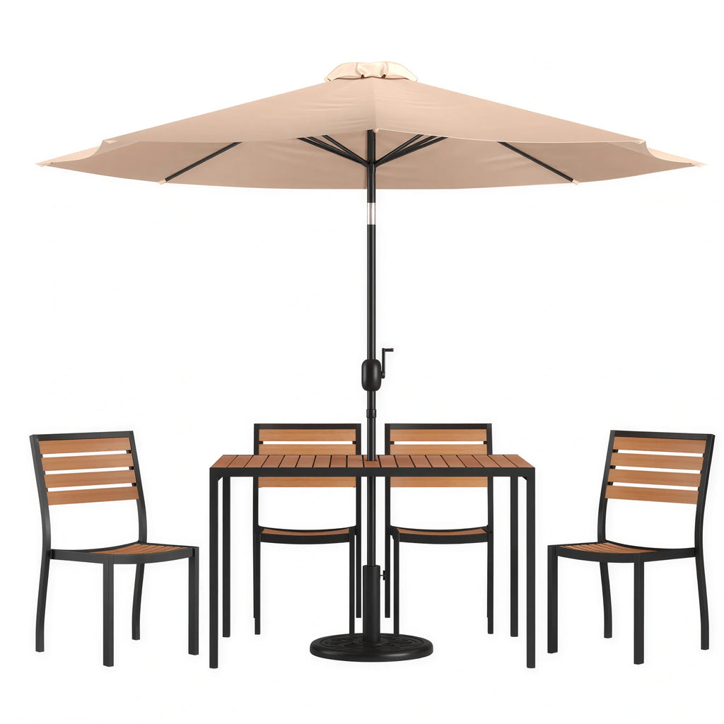 Rectangular Patio Table & 4 Chairs — Tan, With Umbrella (XU-DG-304860364-UB19BTN)
