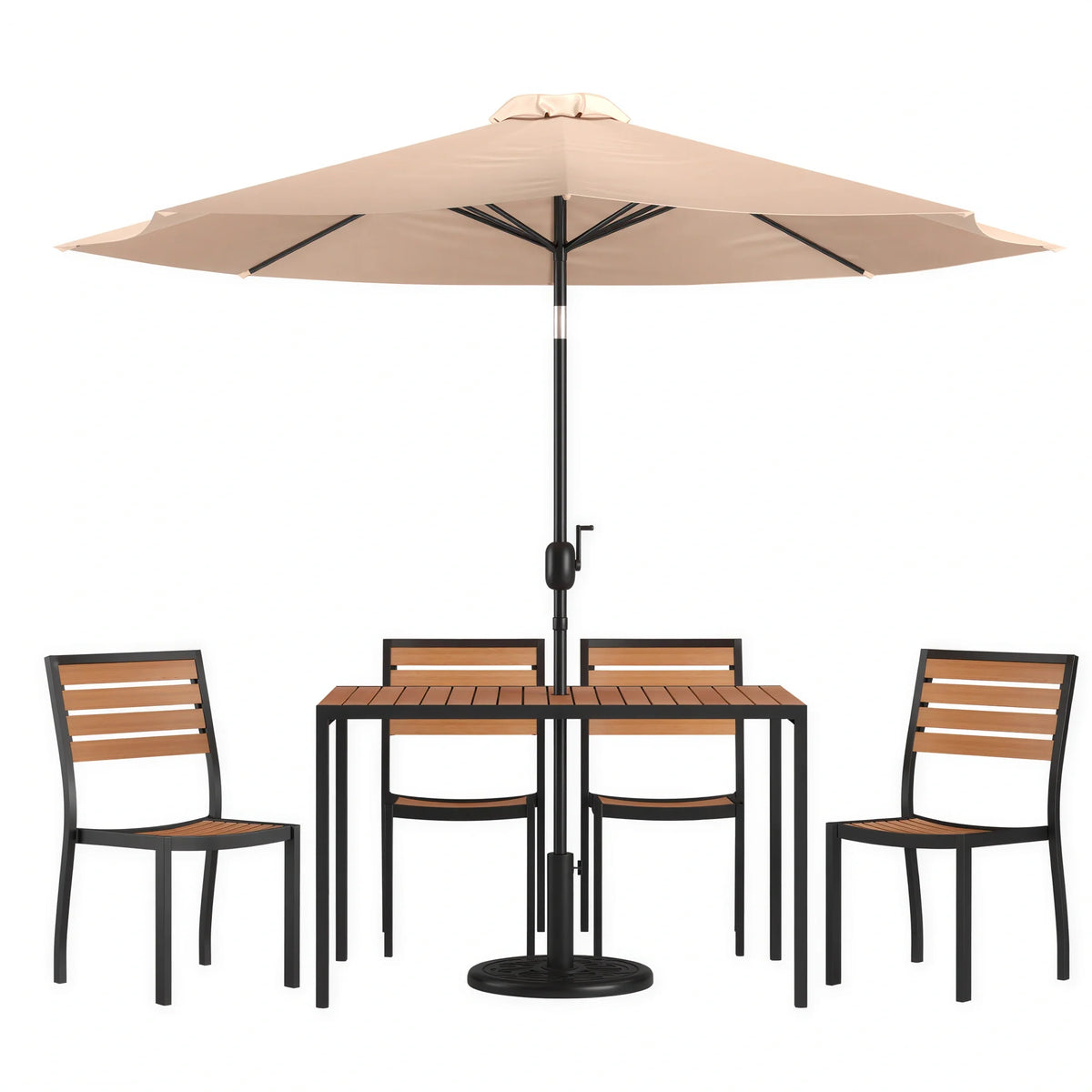 Rectangular Patio Table & 4 Chairs — Tan, With Umbrella (XU-DG-304860364-UB19BTN)