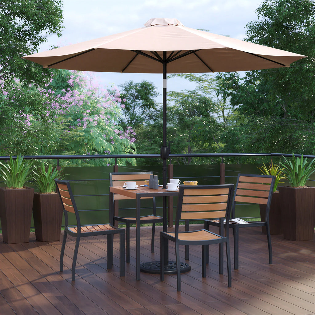 Square Patio Table & 4 Chairs — 35″, Tan, With Umbrella