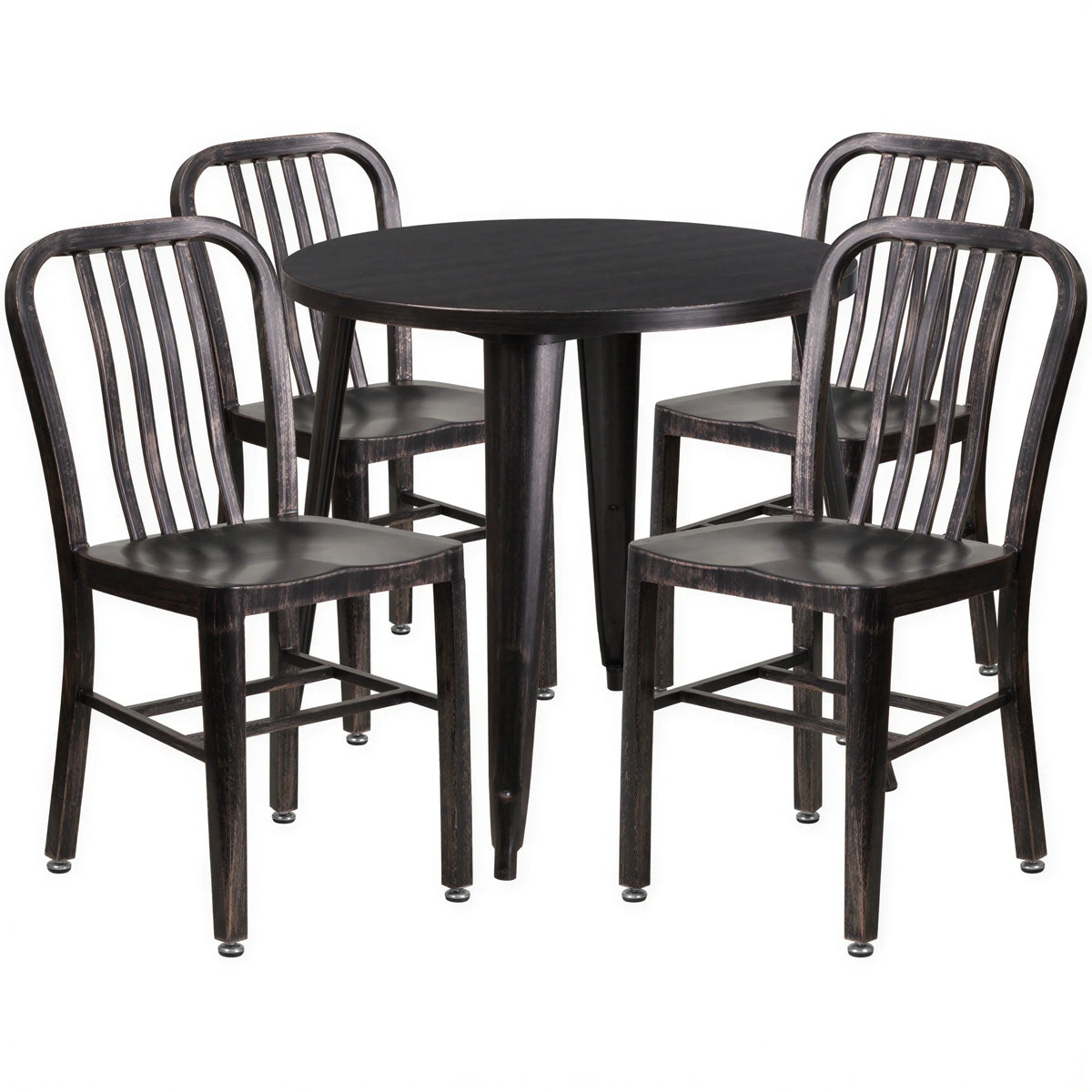 Round Dining Table & 4 Chairs — 30″, Black/Antique Gold (CH-51090TH-4-18VRT-BQ)