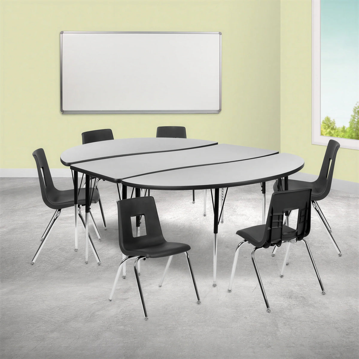 Oval Activity Table & 6 Chairs — Gray/Black (XU-GRP-18CH-A3060CON-60-GY-T-A)
