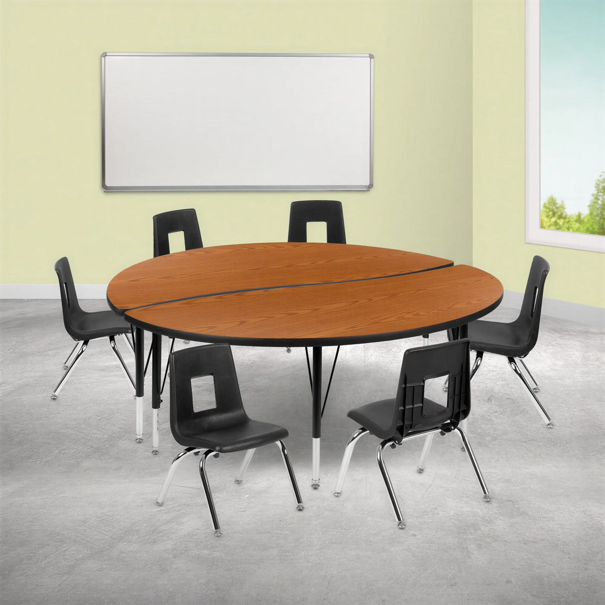 Round Activity Table & 6 Chairs — 60″, Oak/Black (XU-GRP-14CH-A60-HCIRC-OAK-T-P)