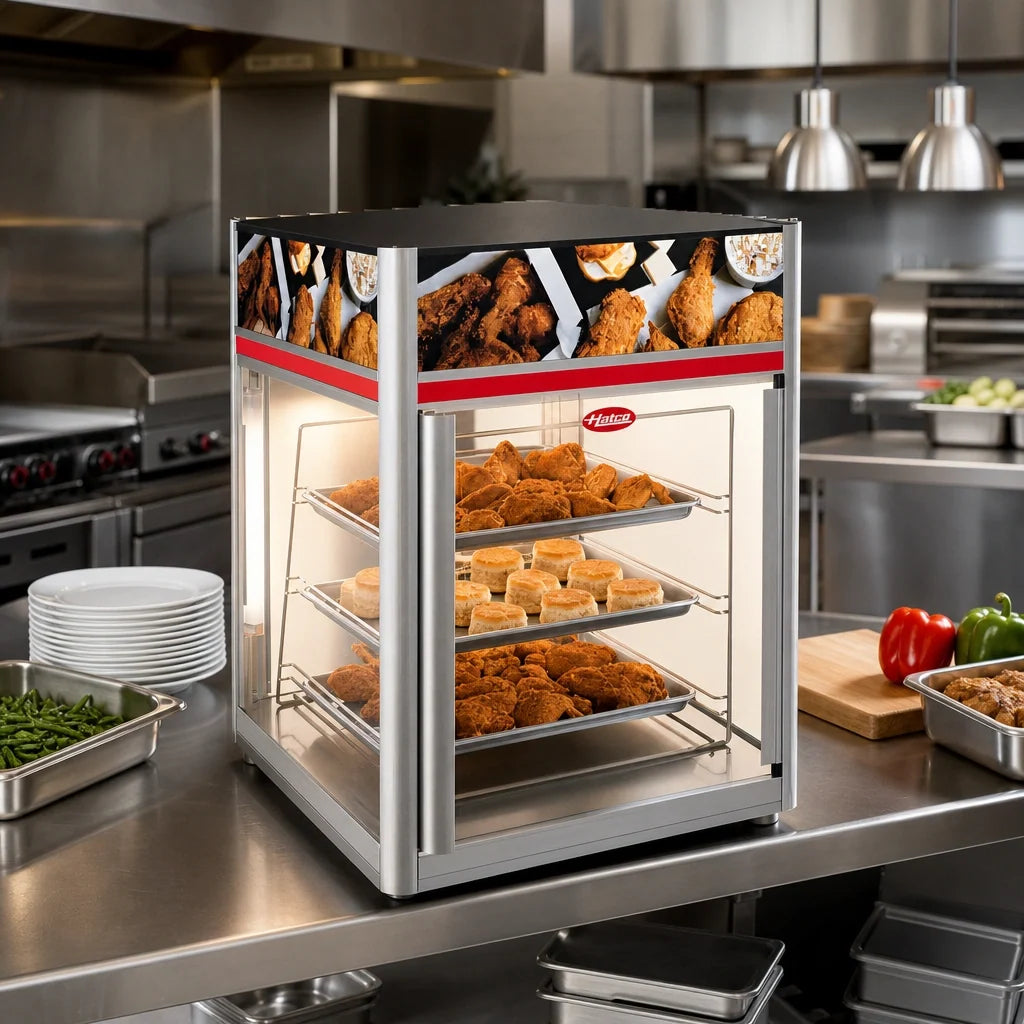 Hatco Flav-R-Savor 2-Door Countertop Hot Food Holding and Display Cabinet with Stationary 3-Tier Pan Rack