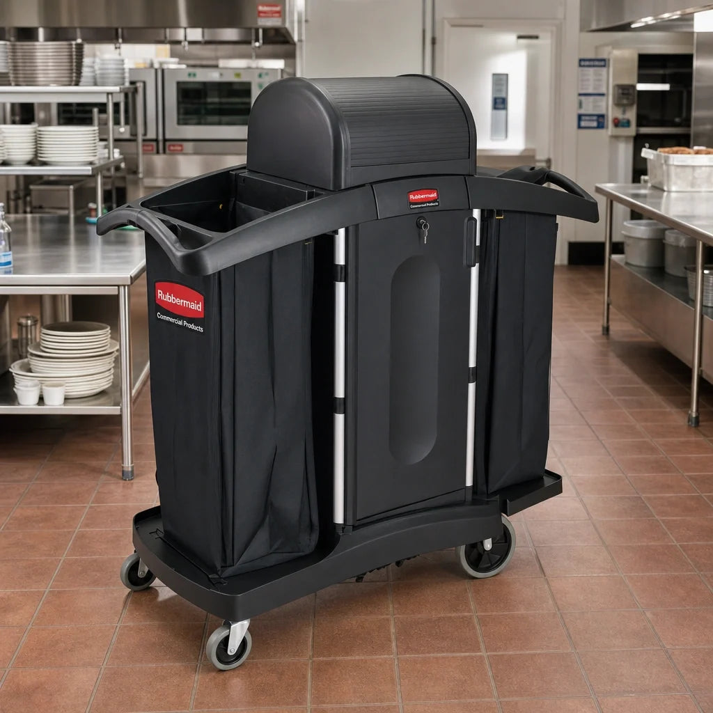 Rubbermaid Housekeeping Cart — Compact, Locking Hood & Doors