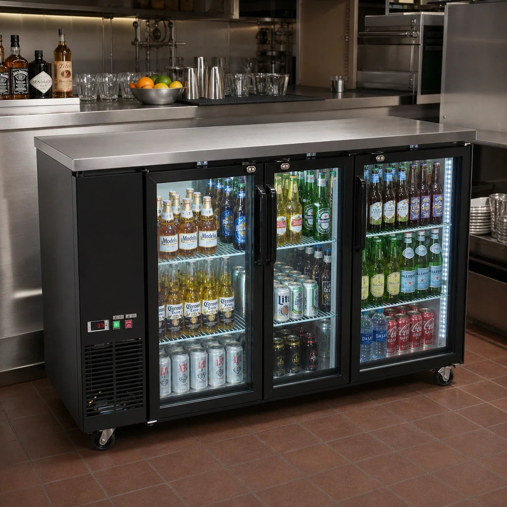 BK Resources Back Bar Refrigerator — 72″, 3 Glass Doors