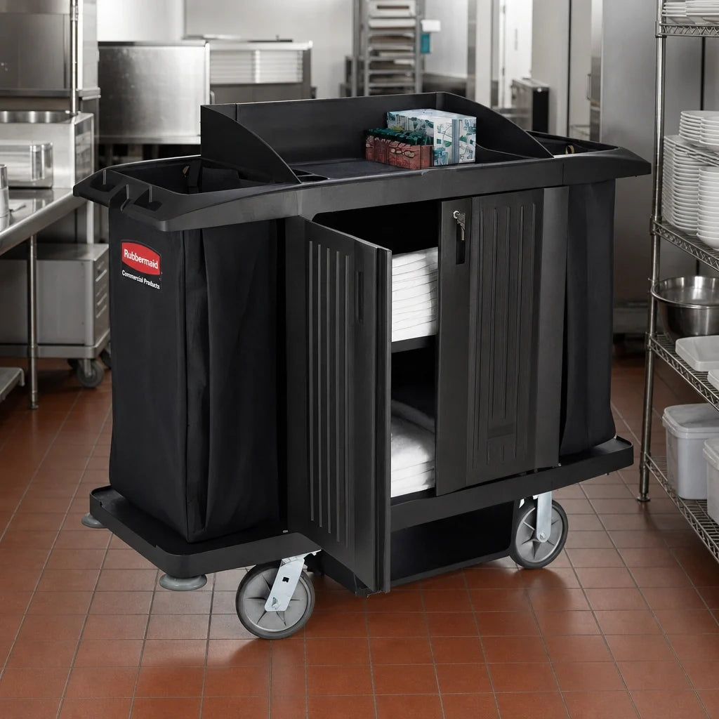 Rubbermaid Housekeeping Cart — With Doors & Bag, Black