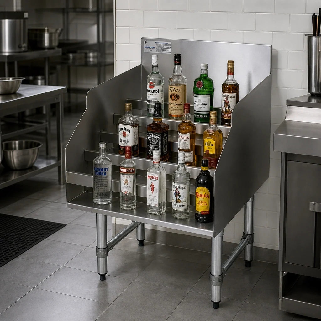 Advance Tabco Freestanding Stainless Steel 5-Step Liquor Bottle Display