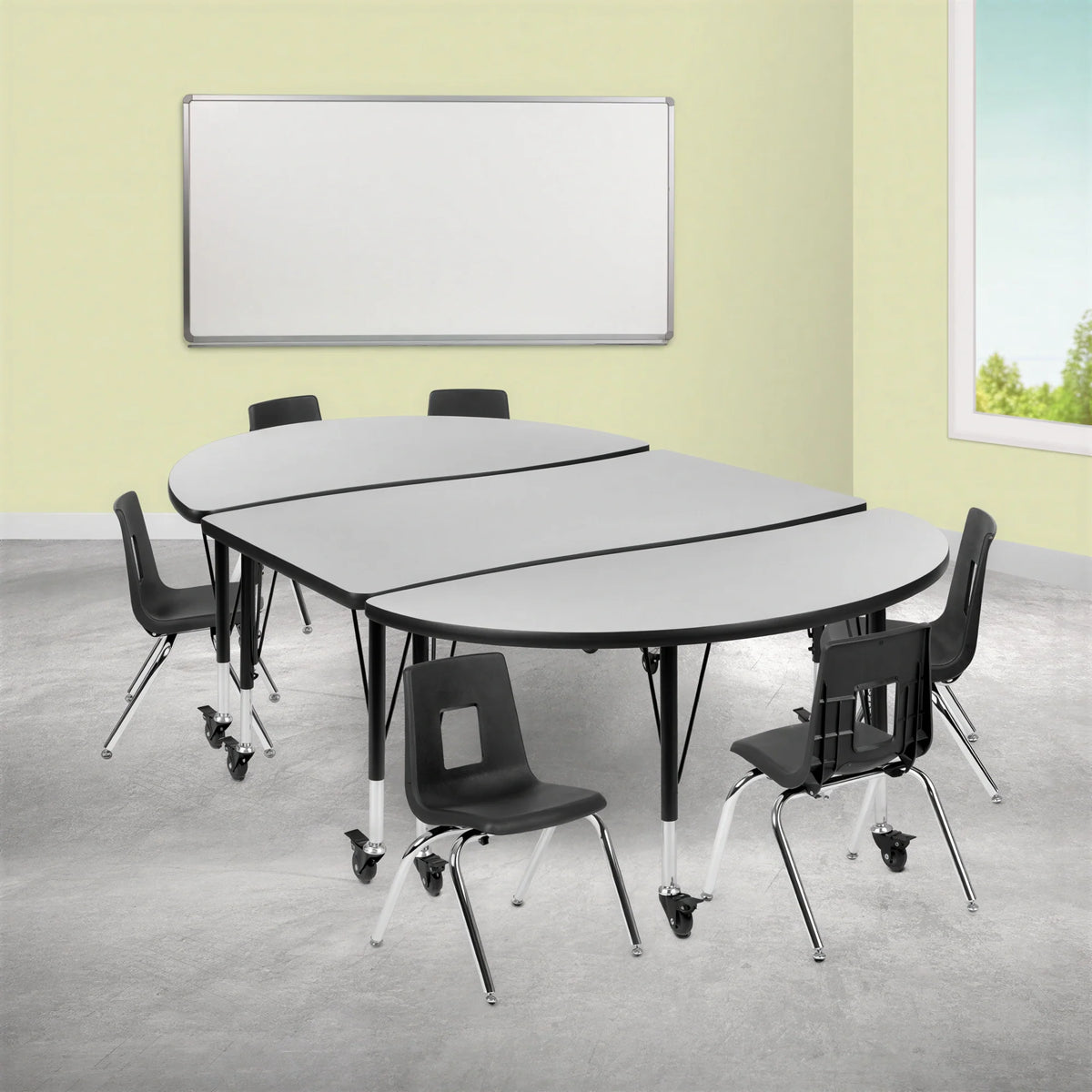 Oval Activity Table & 6 Chairs — Gray/Black (XU-GRP-12CH-A3048CON-48-GY-T-P-CAS)