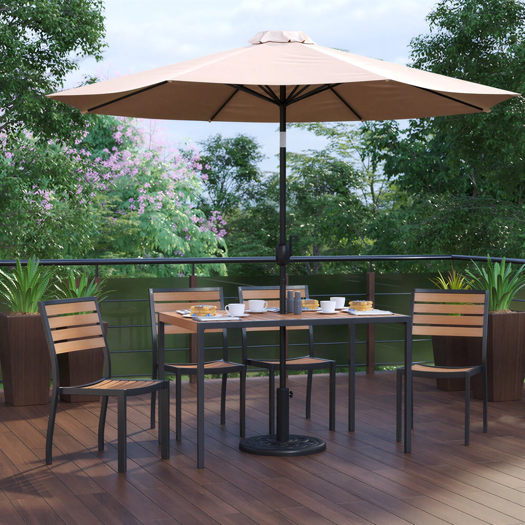 Rectangular Patio Table & 4 Chairs — Tan, With Umbrella (XU-DG-304860364-UB19BTN)