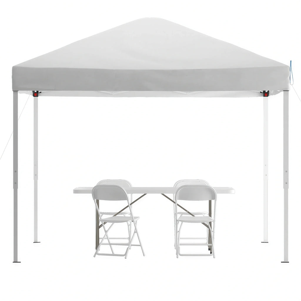 Pop-Up Canopy, Folding Table & 4 Chairs — 10' x 10', White (JJ-GZ10183Z-4LEL3-WHWH-GG)
