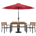 Rectangular Patio Table & 4 Chairs — 48″, Red, With Umbrella