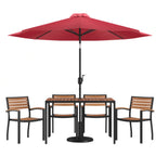 Rectangular Patio Table & 4 Chairs — 48″, Red, With Umbrella