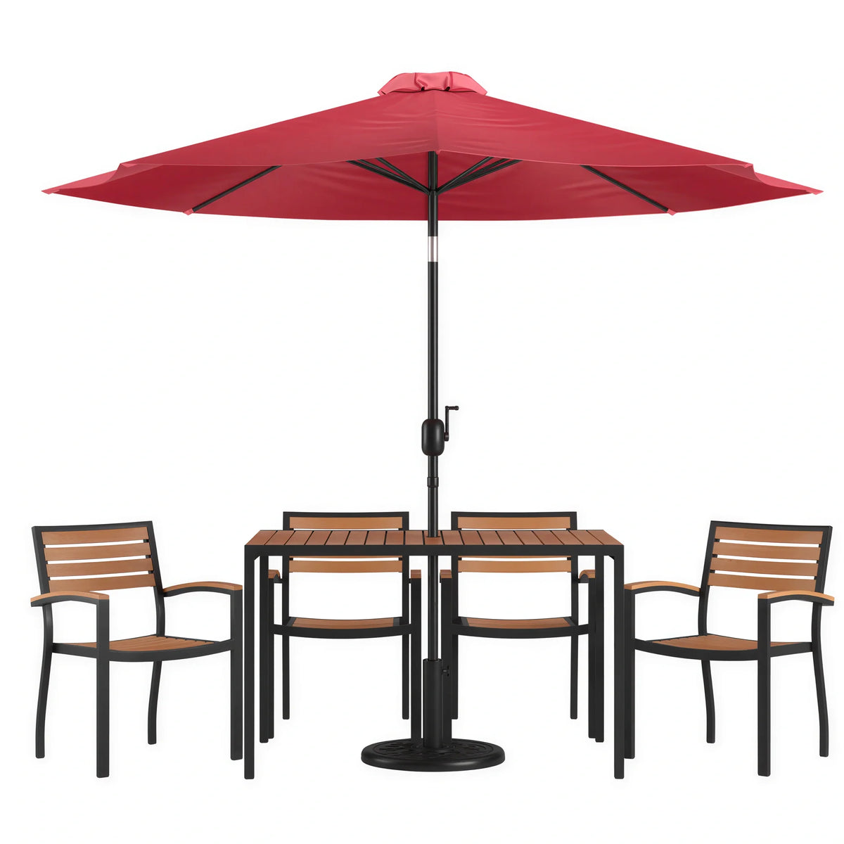 Rectangular Patio Table & 4 Chairs — 48″, Red, With Umbrella