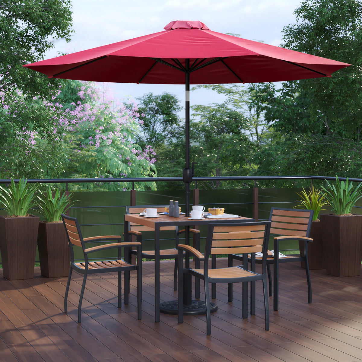 Square Patio Dining Table & 4 Chairs — 35″, Red Umbrella