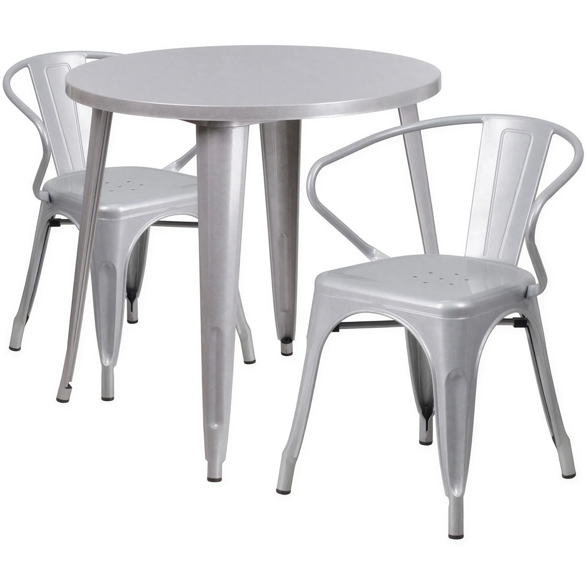 Round Dining Table & 2 Chairs — 30″, Silver (CH-51090TH-2-18ARM-SIL)