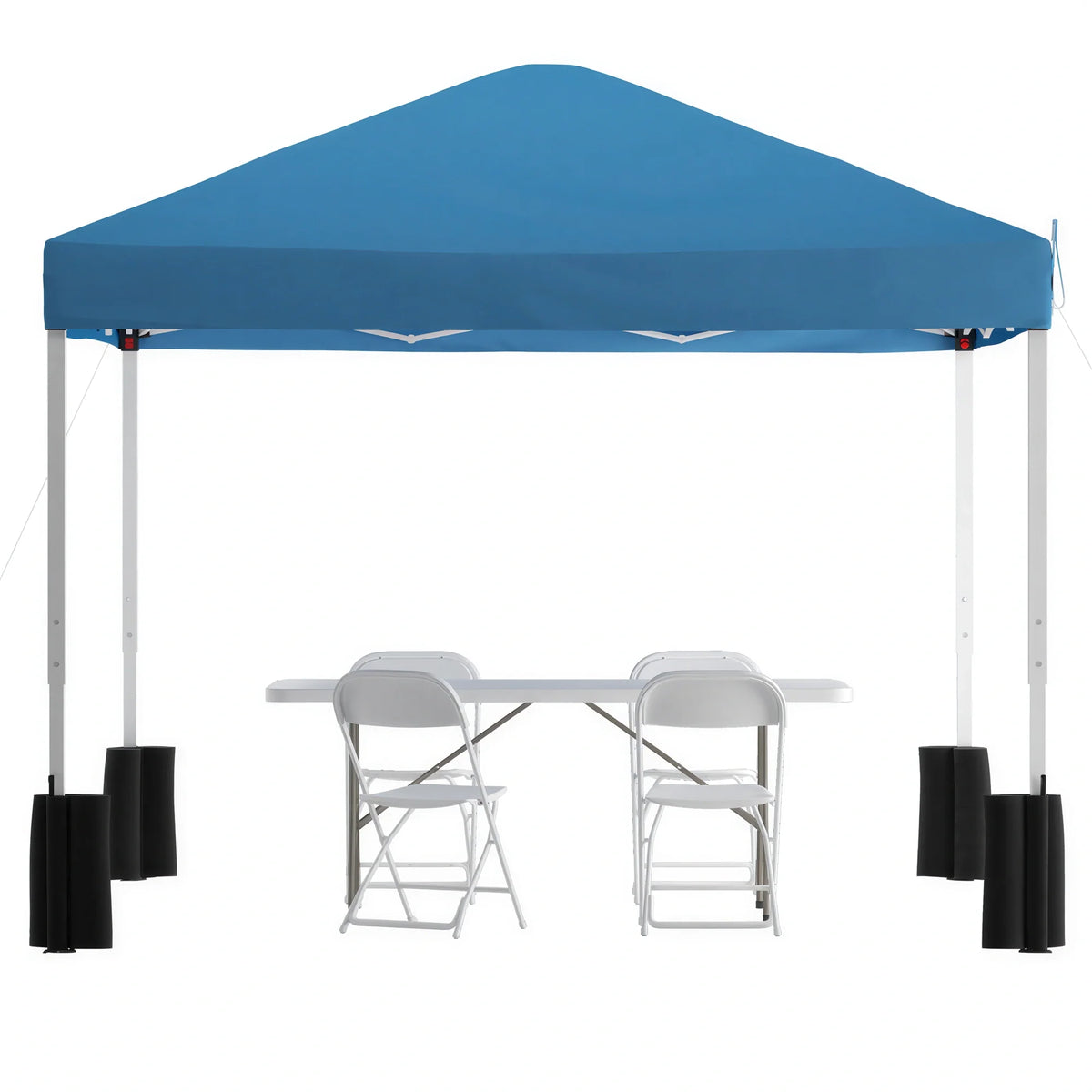 Pop-Up Canopy, Folding Table & 4 Chairs — 10' x 10', Blue (JJ-GZ10PKG183Z-4LEL3-BLWH-GG)