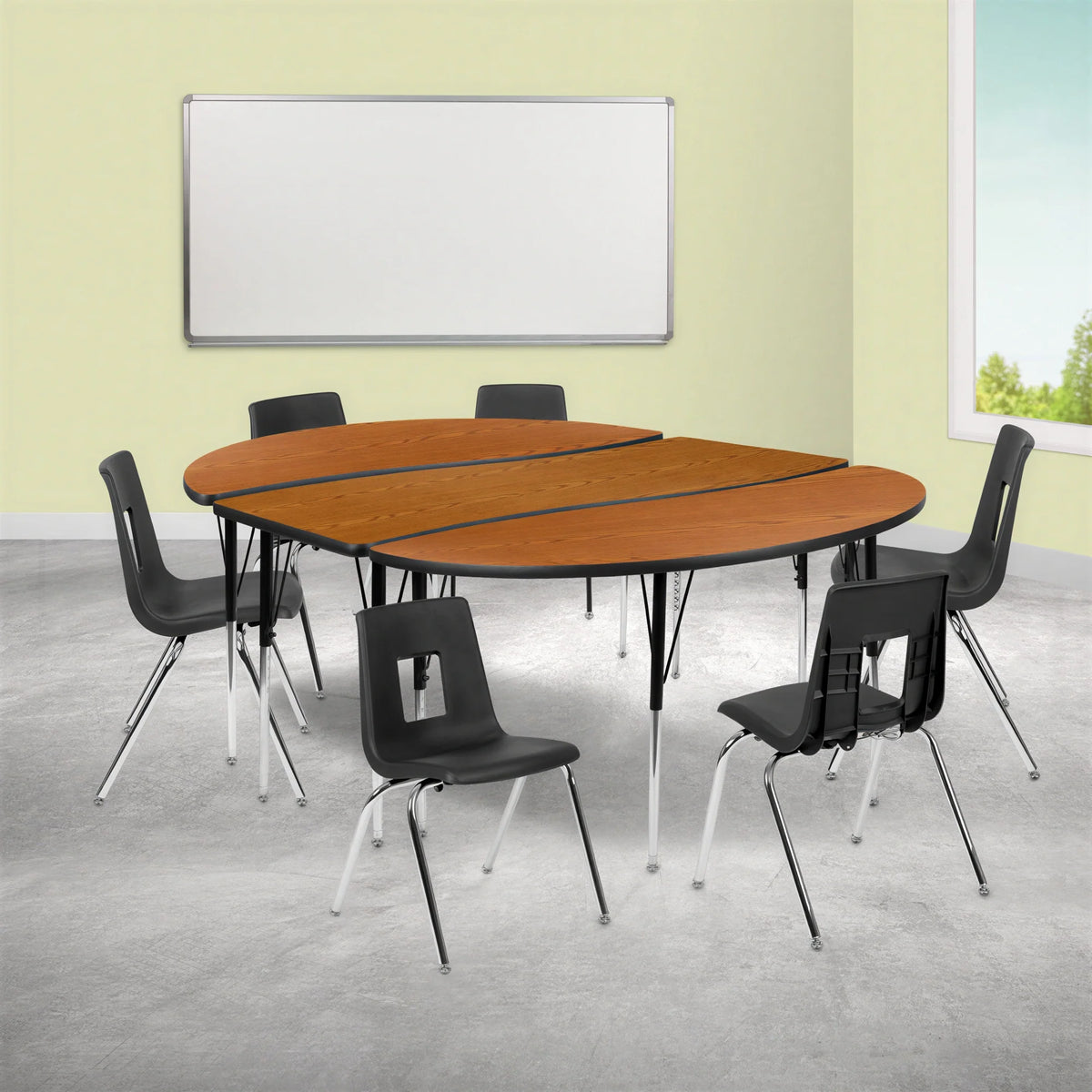 Oval Activity Table & 6 Chairs — Oak/Black (XU-GRP-18CH-A3060CON-60-OAK-T-A)
