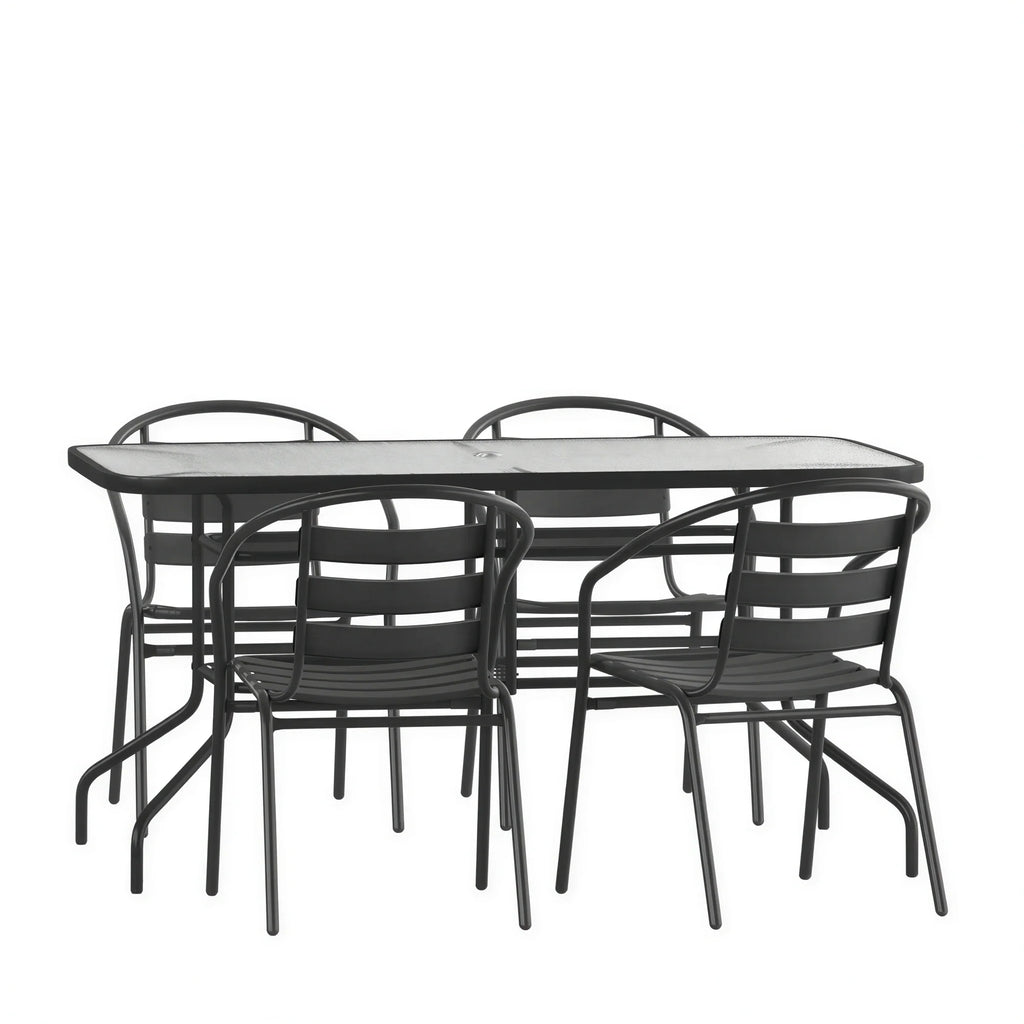 Patio Table & 4 Chairs — 55″, Black (TLH-089REC-017CBK4)