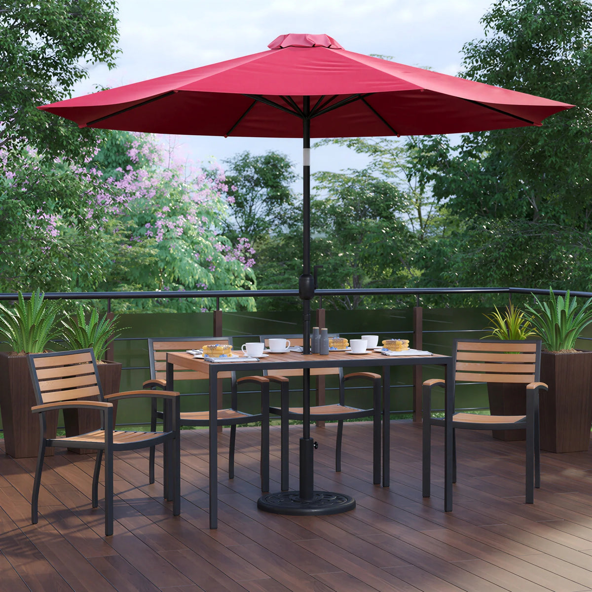 Rectangular Patio Table & 4 Chairs — 48″, Red, With Umbrella