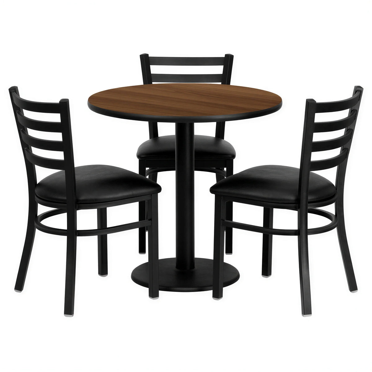 Round Dining Table & 3 Chairs — 30″, Walnut/Black