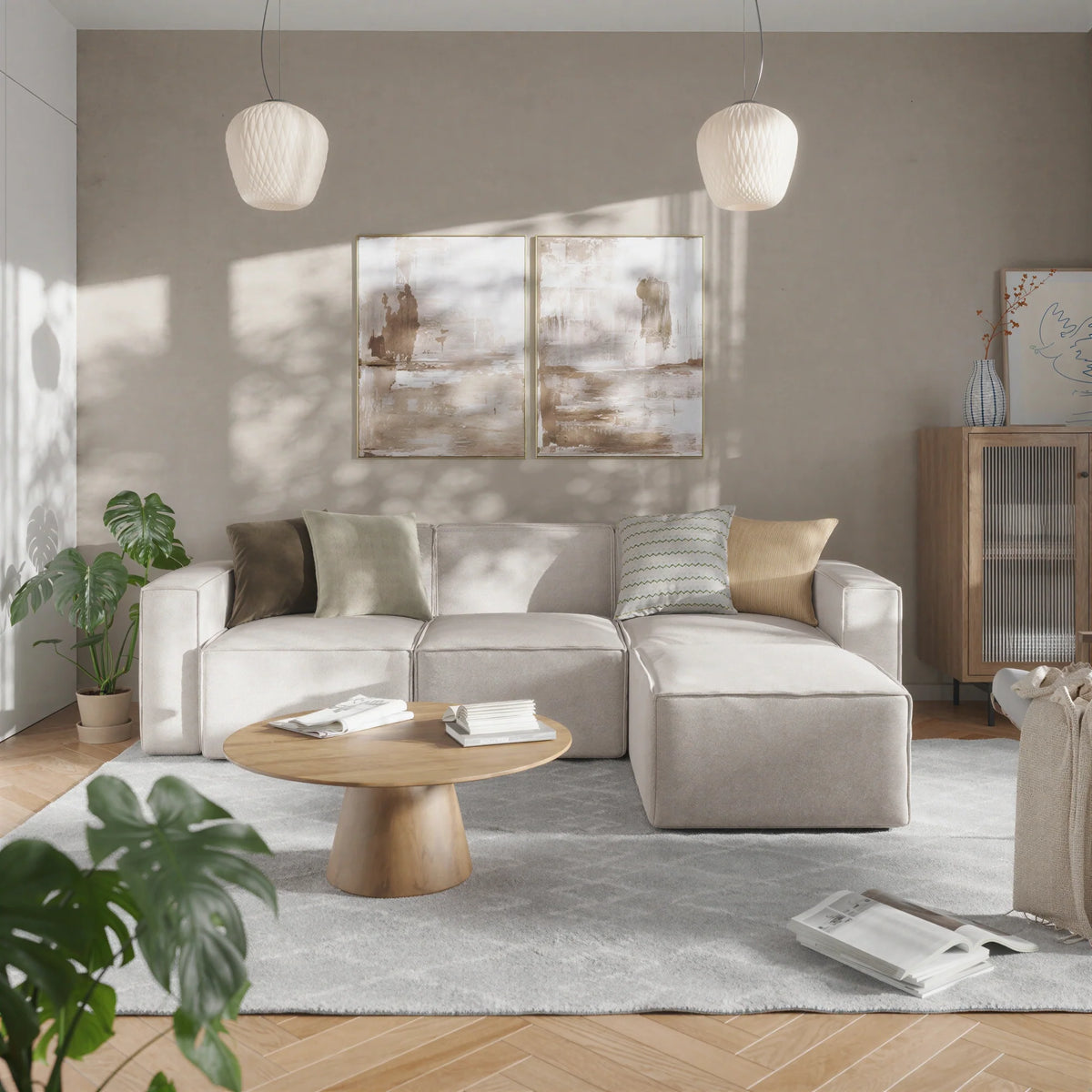 Modular Sectional Sofa & Ottoman — Cream, 4 Pieces