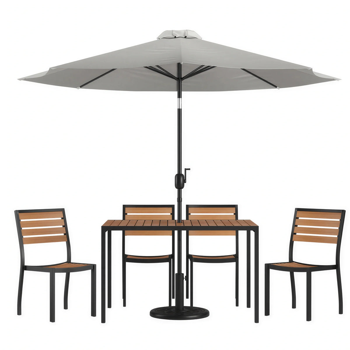 Rectangular Patio Table & 4 Chairs — Gray, With Umbrella (XU-DG-304860364-UB19BGY)