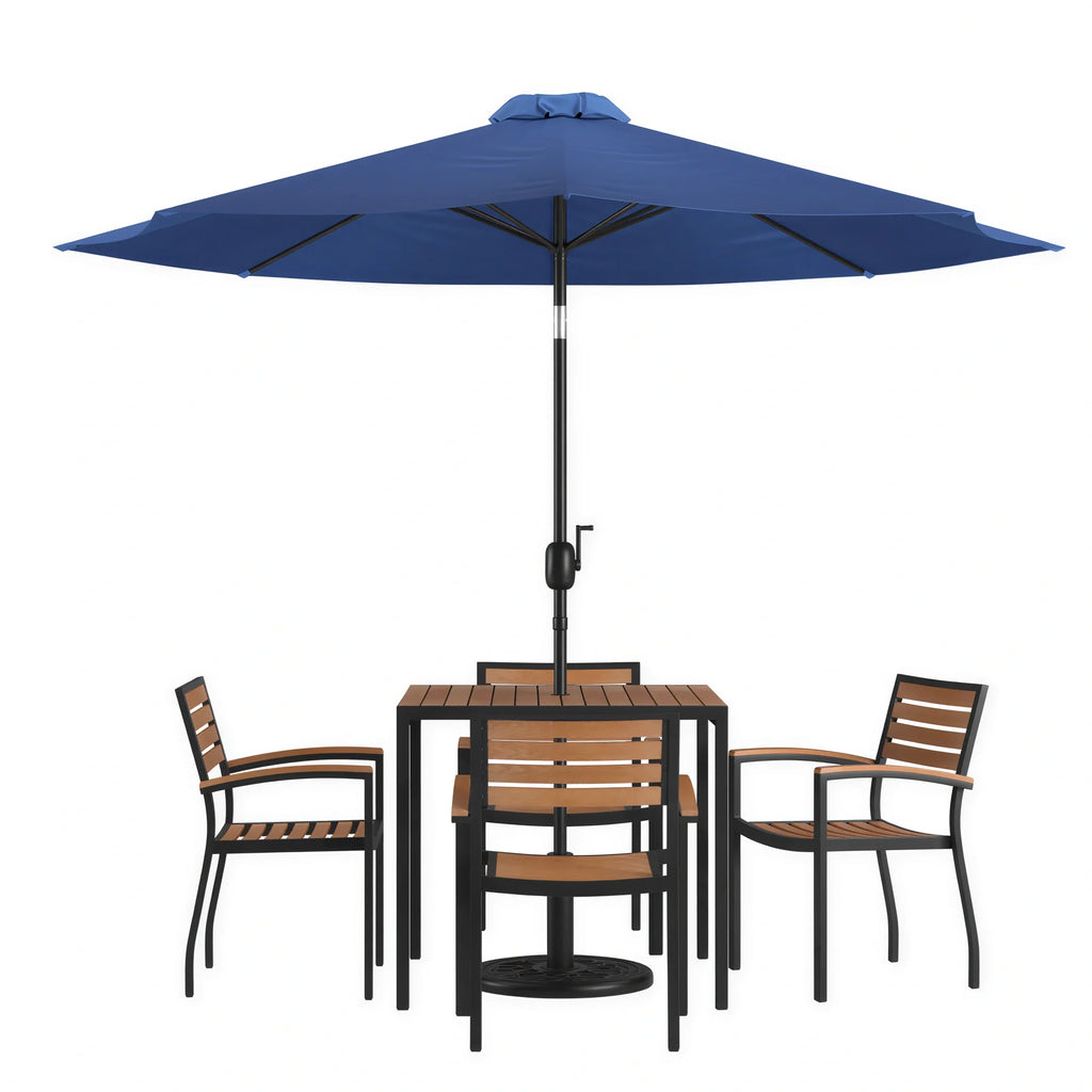 Square Patio Table & 4 Chairs — 35″, With Umbrella (XU-DG-810060064-UB19BNV)