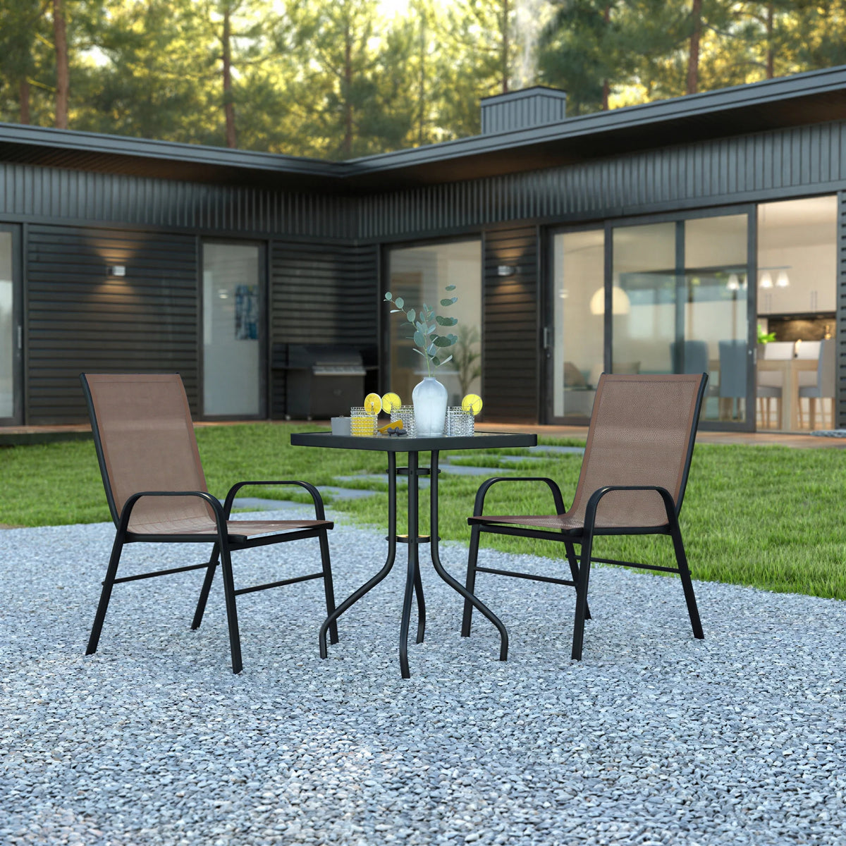 Square Patio Table & 2 Chairs — 23.5″, Brown
