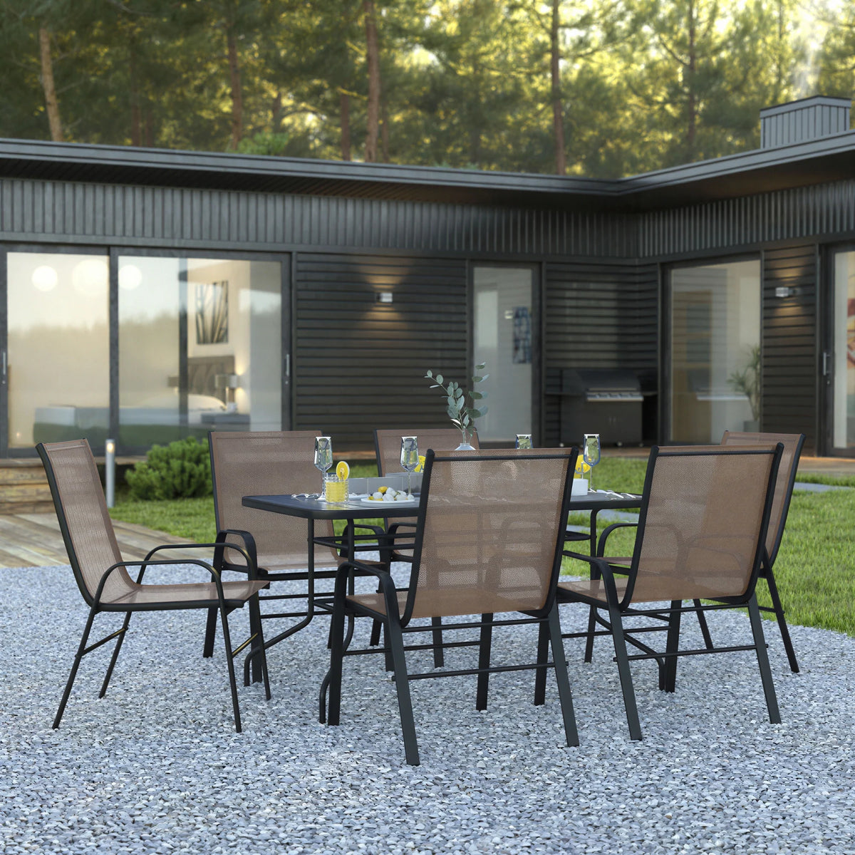 Patio Table & 6 Chairs — 55″, Brown