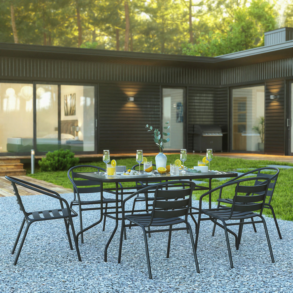 Patio Table & 6 Chairs — 55″, Black (TLH-089REC-017CBK6)