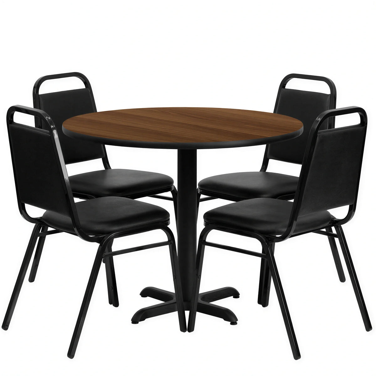 Round Dining Table & 4 Chairs — 36″, Walnut/Black (HDBF1004)