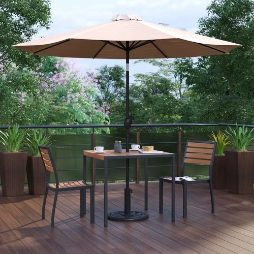 Square Patio Table & 2 Chairs — 35″, Tan, With Umbrella
