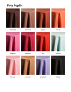 Poly Poplin fabric and color chart: Chocolate, Cinnamon, Copper, Coral, Magenta, Raspberry, Red, Sea Mist, Shrimp, Almond, Amethyst and Black